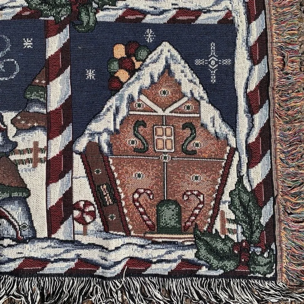 Vintage Christmas Gingerbread Village Peppermint Woven Throw Blanket Tapestry